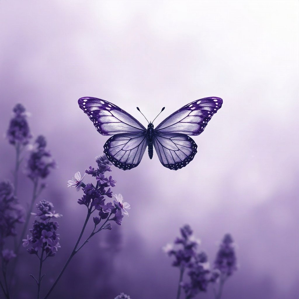 Purple PFPs — butterfly, dreamy digital painting, misty atmosphere