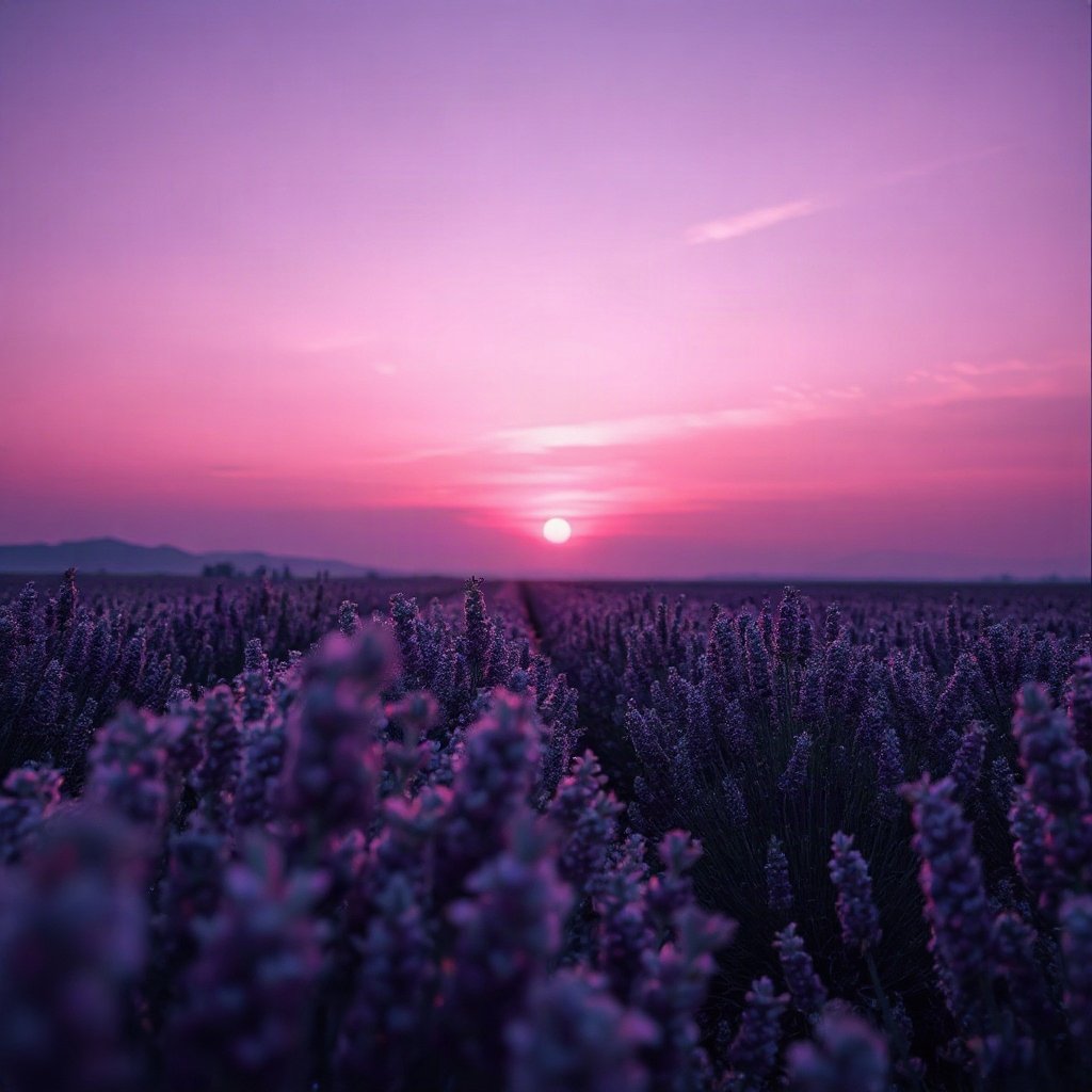 Purple PFPs — lavender field at dusk, dreamy digital painting, soft glow
