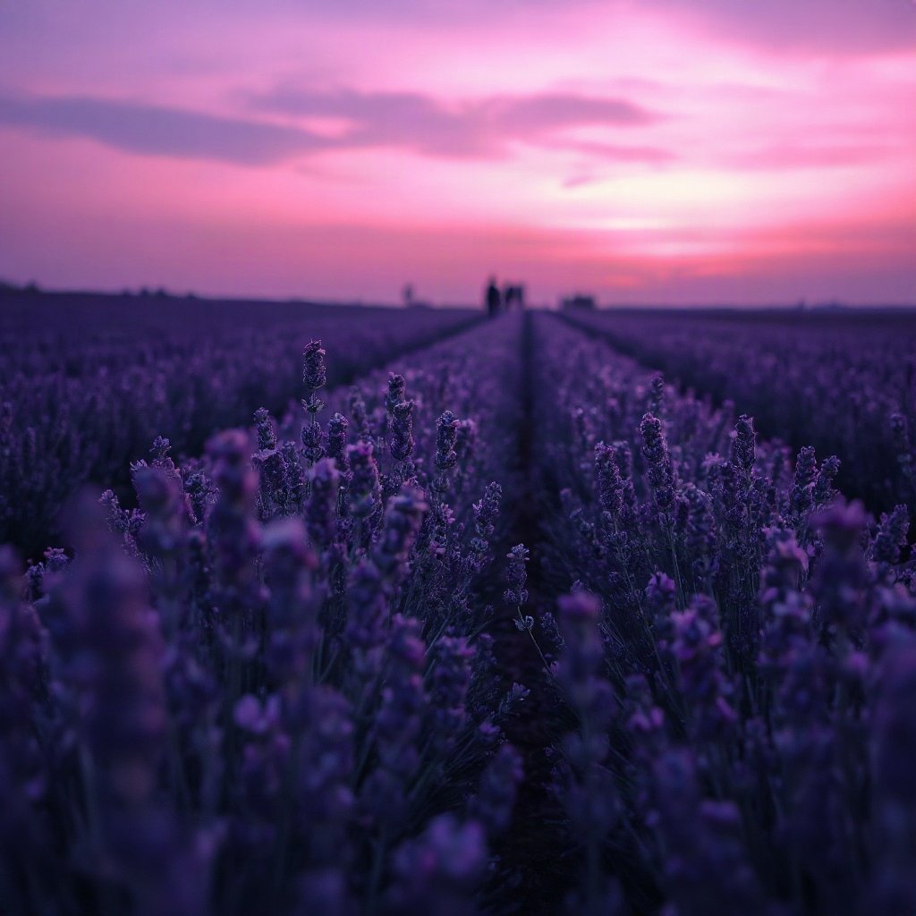 Purple PFPs — lavender field at dusk, dreamy digital painting, soft glow
