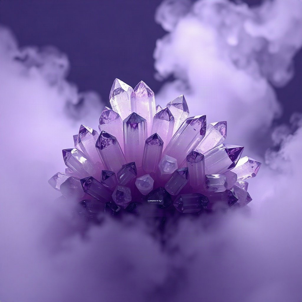 Purple PFPs — crystal cluster, soft 3d render, misty atmosphere