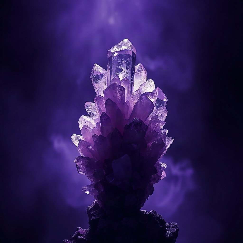 Purple PFPs — crystal cluster, cinematic photo style, misty atmosphere