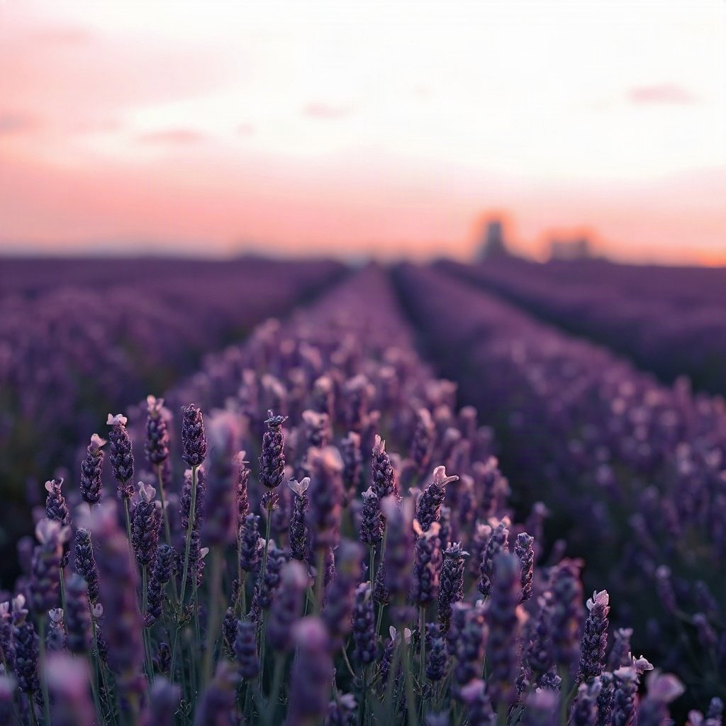 Purple PFPs — lavender field at dusk, dreamy digital painting, soft glow