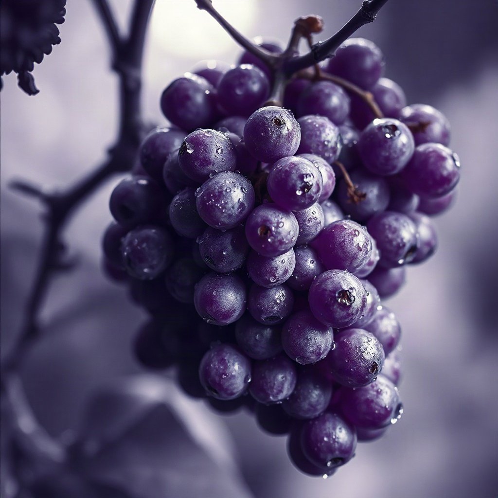 Purple PFPs — grapes with dew, cinematic photo style, misty atmosphere