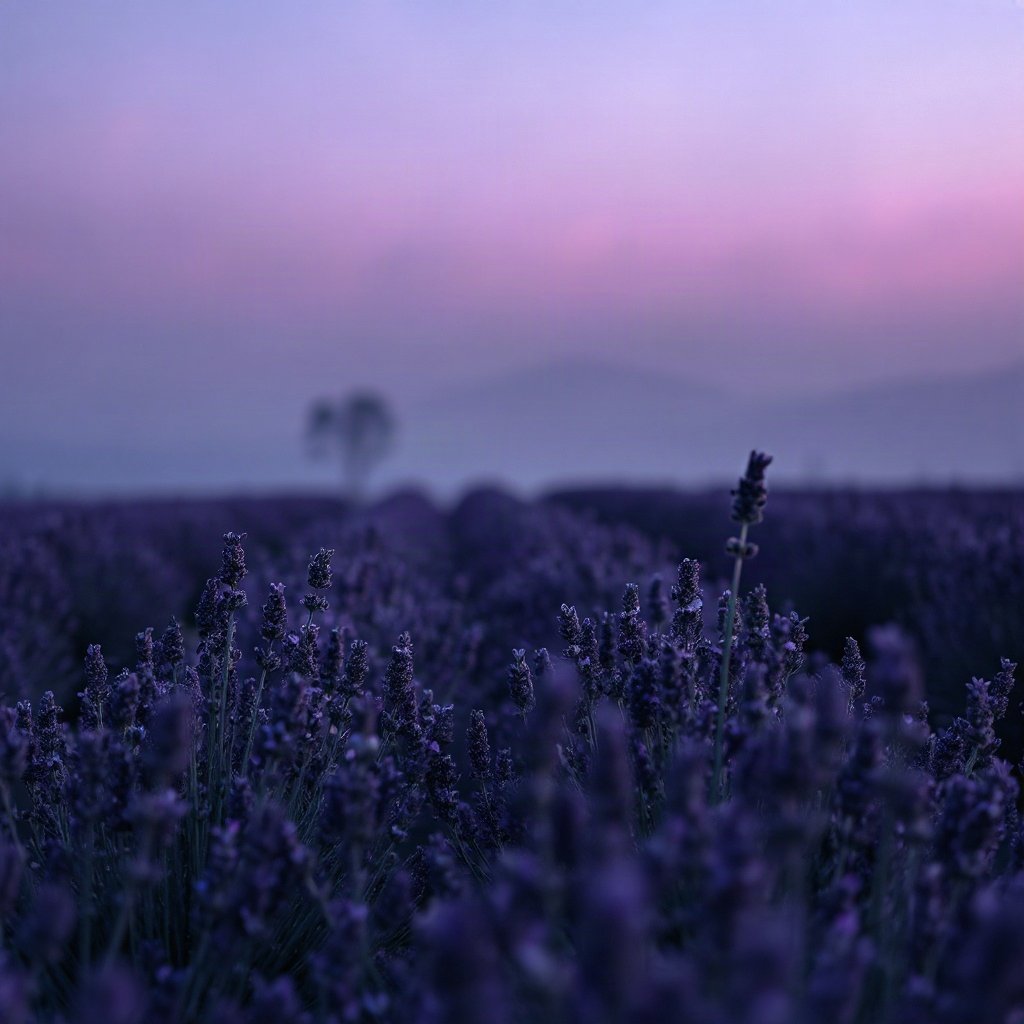 Purple PFPs — lavender field at dusk, cinematic photo style, misty atmosphere