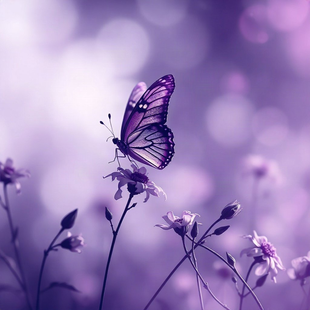 Purple PFPs — butterfly, dreamy digital painting, misty atmosphere