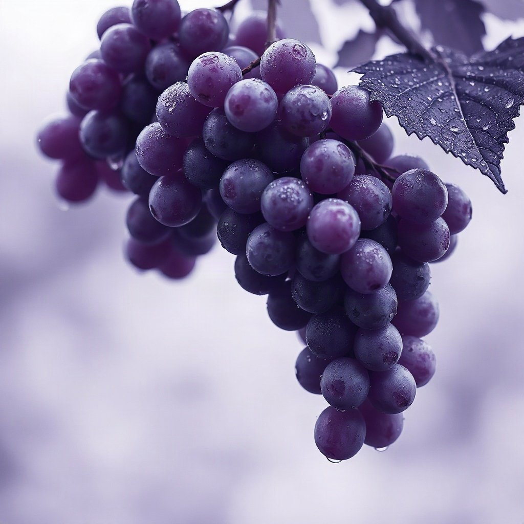 Purple PFPs — grapes with dew, dreamy digital painting, misty atmosphere