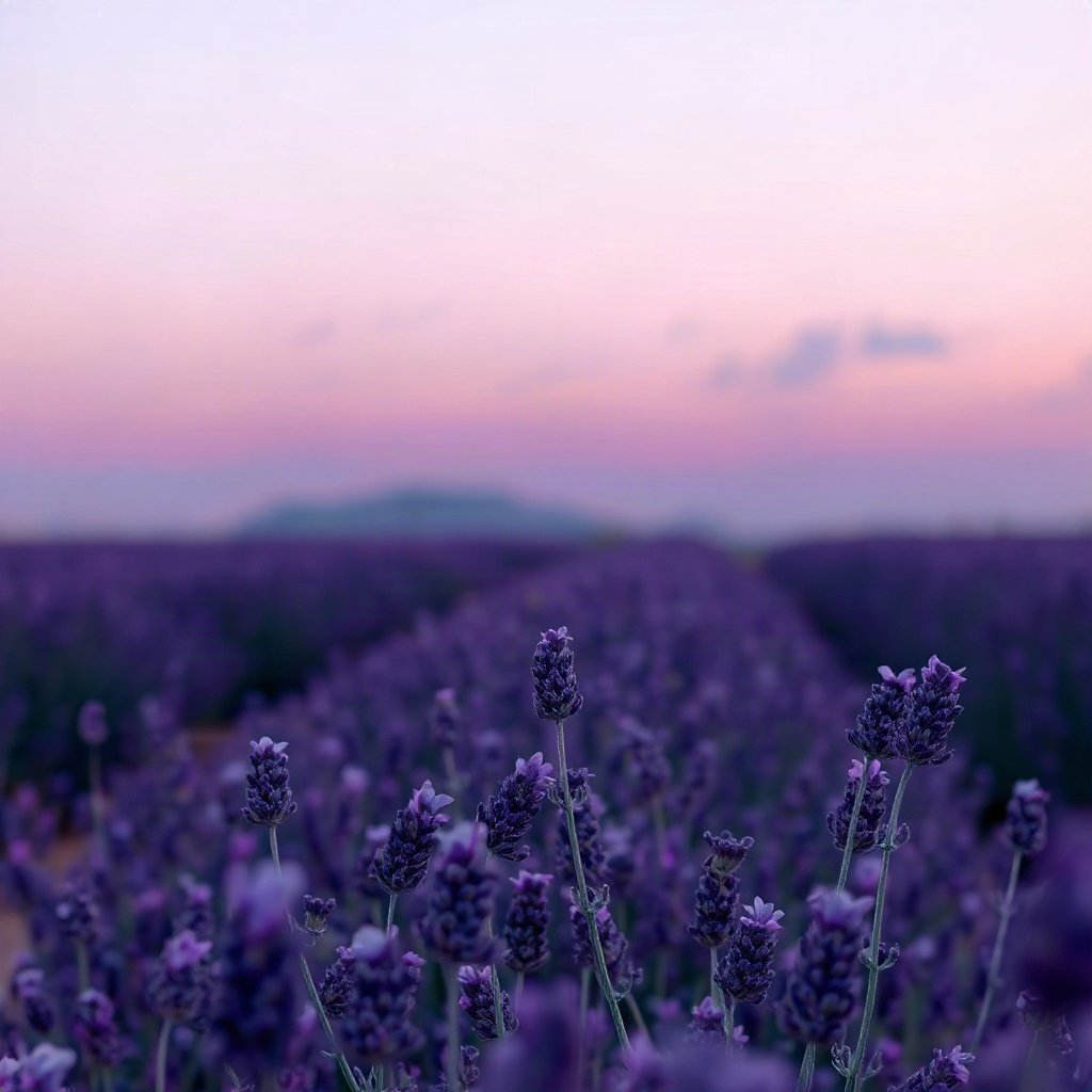 Purple PFPs — lavender field at dusk, soft 3d render, soft glow