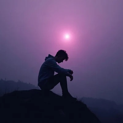 sad pfp — silhouette sitting with knees up, desaturated violet dusk, drifting mist
