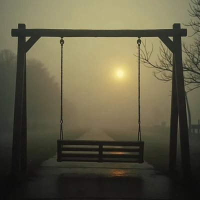 sad pfp — empty swing in evening fog, faded sepia evening, rain droplets on glass