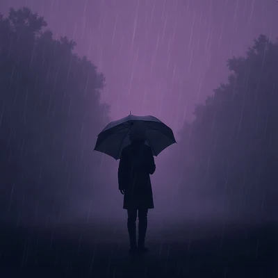 sad pfp — lone figure under umbrella in drizzle, desaturated violet dusk, drifting mist