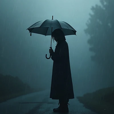 sad pfp — lone figure under umbrella in drizzle, muted blue grey palette, rain droplets on glass
