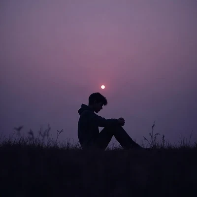 sad pfp — silhouette sitting with knees up, desaturated violet dusk, soft film grain