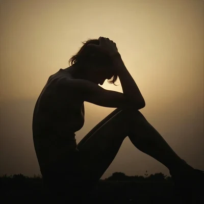 sad pfp — silhouette sitting with knees up, faded sepia evening, soft film grain