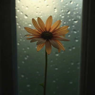 sad pfp — wilted flower in soft light, faded sepia evening, rain droplets on glass