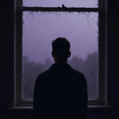 sad pfp — faceless figure watching rain through a window, desaturated violet dusk, soft film grain