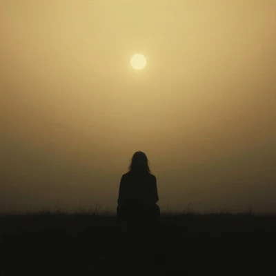 sad pfp — silhouette sitting with knees up, faded sepia evening, drifting mist