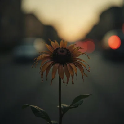 sad pfp — wilted flower in soft light, faded sepia evening, bokeh streetlights far away