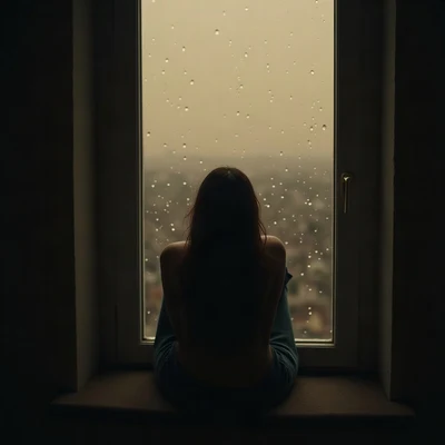 sad pfp — silhouette sitting with knees up, faded sepia evening, rain droplets on glass