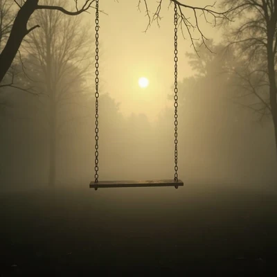 sad pfp — empty swing in evening fog, faded sepia evening, drifting mist