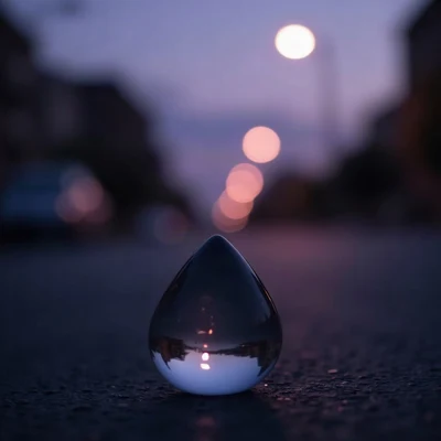sad pfp — teardrop-shaped glass object on dark surface, desaturated violet dusk, bokeh streetlights far away