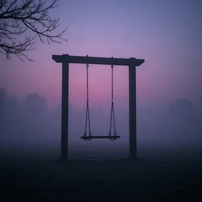 sad pfp — empty swing in evening fog, desaturated violet dusk, soft film grain