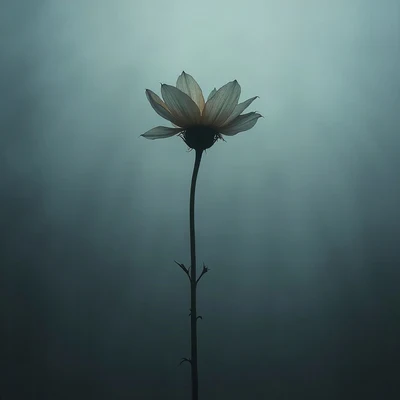 sad pfp — wilted flower in soft light, muted blue grey palette, soft film grain