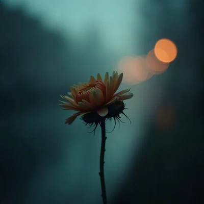 sad pfp — wilted flower in soft light, cold rainy teal, bokeh streetlights far away