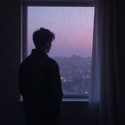 sad pfp — faceless figure watching rain through a window, desaturated violet dusk, drifting mist