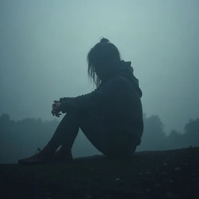 sad pfp — silhouette sitting with knees up, muted blue grey palette, drifting mist
