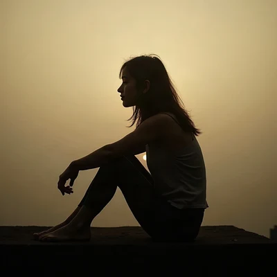 sad pfp — silhouette sitting with knees up, faded sepia evening, soft film grain
