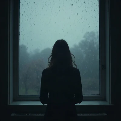 sad pfp — faceless figure watching rain through a window, muted blue grey palette, soft film grain