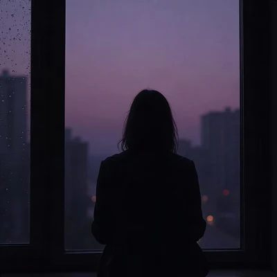 sad pfp — silhouette sitting with knees up, desaturated violet dusk, rain droplets on glass