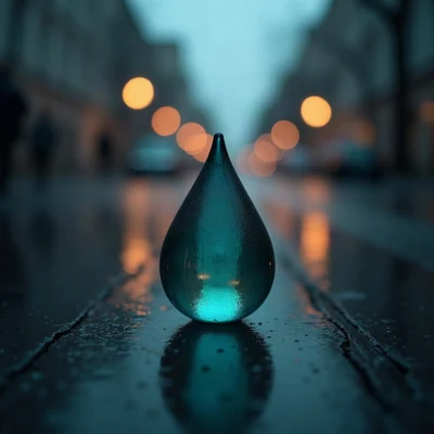sad pfp — teardrop-shaped glass object on dark surface, cold rainy teal, bokeh streetlights far away