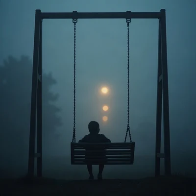 sad pfp — empty swing in evening fog, muted blue grey palette, bokeh streetlights far away