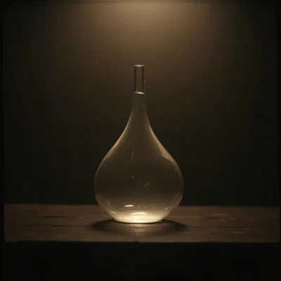 sad pfp — teardrop-shaped glass object on dark surface, faded sepia evening, soft film grain