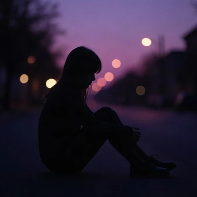 sad pfp — silhouette sitting with knees up, desaturated violet dusk, bokeh streetlights far away
