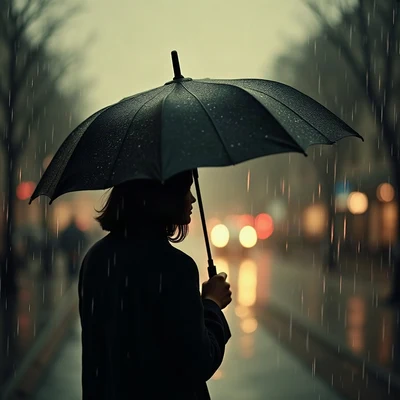 sad pfp — lone figure under umbrella in drizzle, faded sepia evening, rain droplets on glass