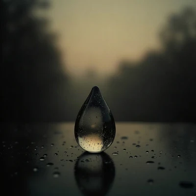 sad pfp — teardrop-shaped glass object on dark surface, faded sepia evening, rain droplets on glass