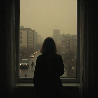 sad pfp — faceless figure watching rain through a window, faded sepia evening, soft film grain