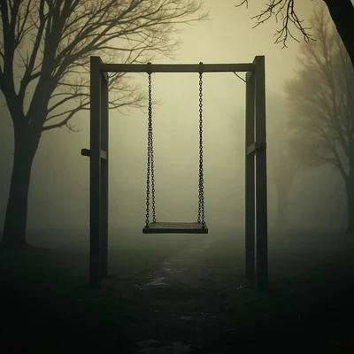 sad pfp — empty swing in evening fog, faded sepia evening, rain droplets on glass