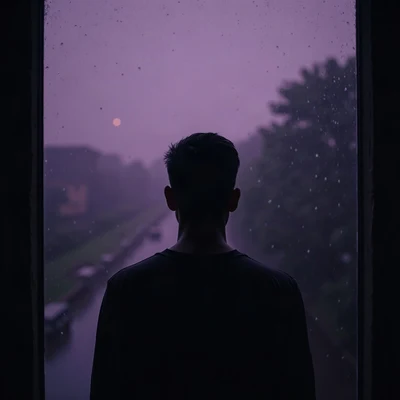 sad pfp — faceless figure watching rain through a window, desaturated violet dusk, drifting mist
