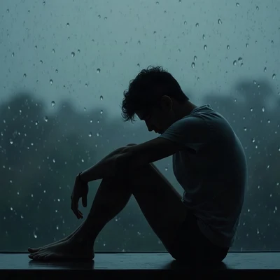 sad pfp — silhouette sitting with knees up, muted blue grey palette, rain droplets on glass