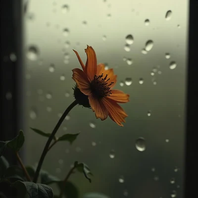 sad pfp — wilted flower in soft light, faded sepia evening, rain droplets on glass