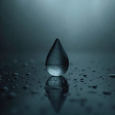 sad pfp — teardrop-shaped glass object on dark surface, muted blue grey palette, rain droplets on glass