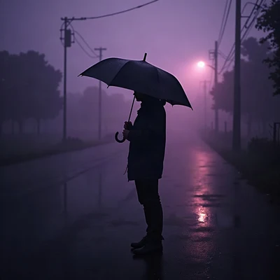 sad pfp — lone figure under umbrella in drizzle, desaturated violet dusk, soft film grain