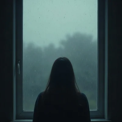 sad pfp — faceless figure watching rain through a window, muted blue grey palette, soft film grain