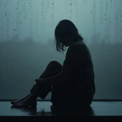 sad pfp — silhouette sitting with knees up, muted blue grey palette, rain droplets on glass