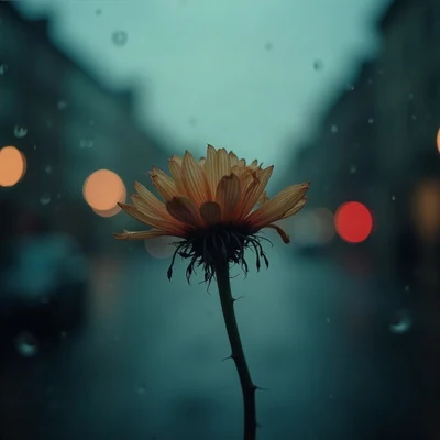 sad pfp — wilted flower in soft light, cold rainy teal, bokeh streetlights far away