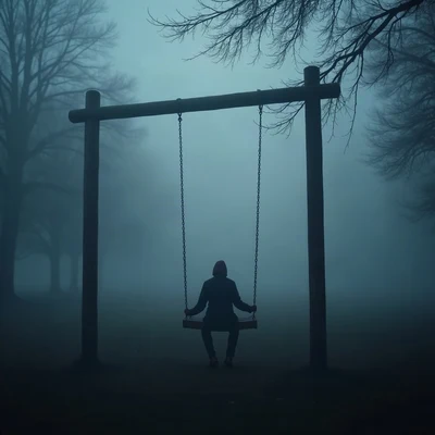 sad pfp — empty swing in evening fog, muted blue grey palette, drifting mist