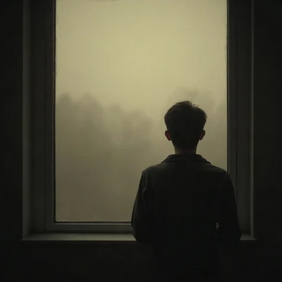 sad pfp — faceless figure watching rain through a window, faded sepia evening, drifting mist